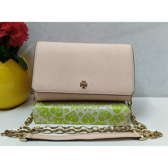 Tory Burch Light Pink Crossgrain Leather Chain Strap Small Crossbody Bag - Picture 1 of 15